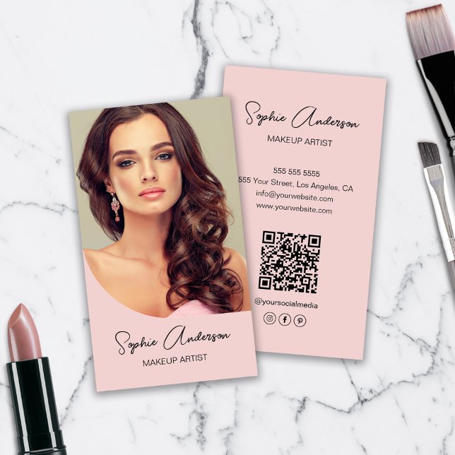 Cartão De Visita Foto do artista moderno Makeup rosa (Modern Makeup Artist Photo Pink Business Card)