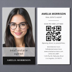 Cartão De Visita Foto do código QR do agente imobiliário branco pre