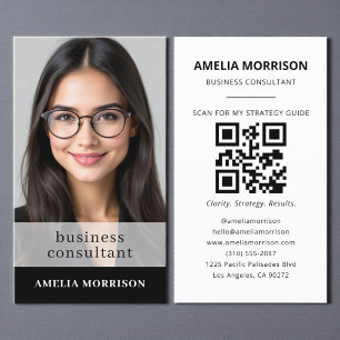 Cartão De Visita Foto do código QR do consultor branco preto modern