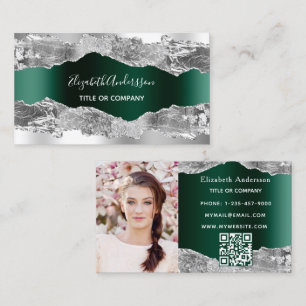 Cartão De Visita Foto do código QR do mármore verde-esmeraldo Silve