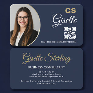Cartão De Visita Foto do Consultor de Negócios Código QR Azul Marin