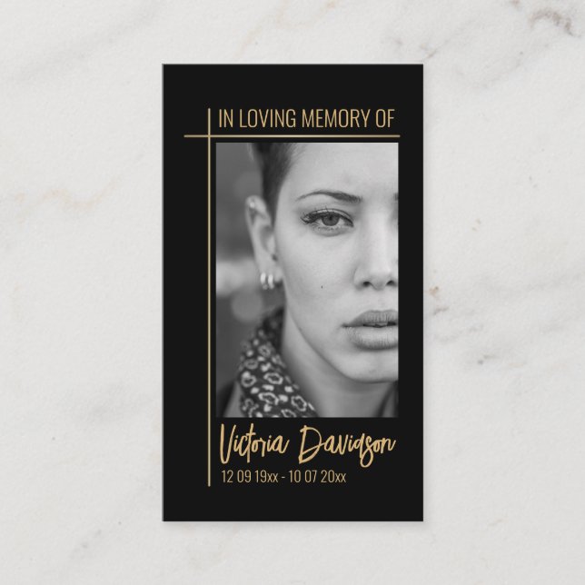 Cartão De Visita Foto do Funeral Memorial Oração Ouro Cruzada (Frente)