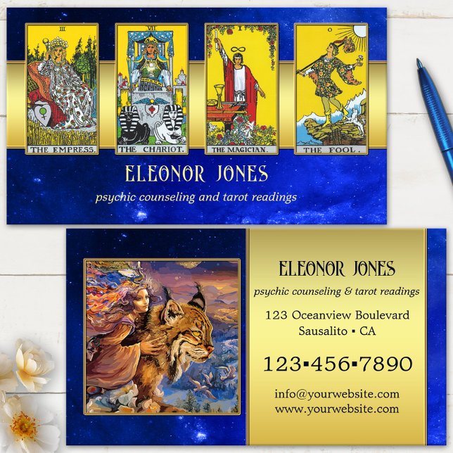 Cartão De Visita Foto do Leitor de Tarot Psíquico Celestial (Tarot reader business card featuring a celestial sky image with gold and your custom photos)