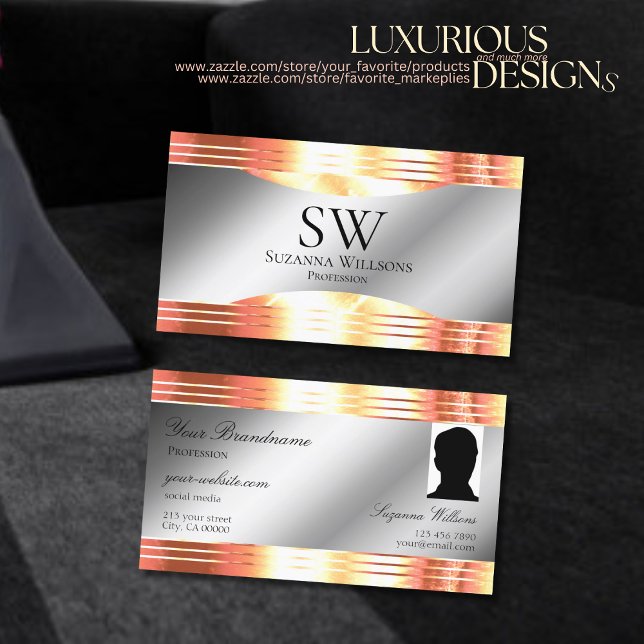 Cartão De Visita Foto do Monograma Dourado de Shimmery Silver Silve (Criador carregado)