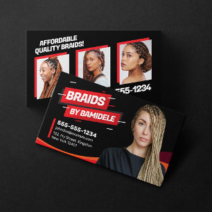 Cartão De Visita Foto do Salão de Tranças Africanas Preto e Vermelh