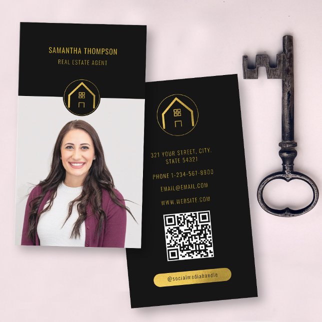 Cartão De Visita Foto Dourada Imobiliária de Luxo Profissional (Professional Luxury Black Gold Real Estate Photo Business Card)