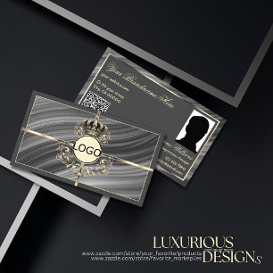 Cartão De Visita Foto e Código QR do Logotipo da Coroa Dourada Cinz
