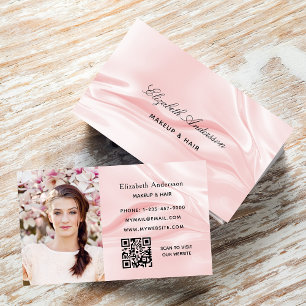 Cartão De Visita Foto elegante de seda cor-de-rosa-pincel com QR