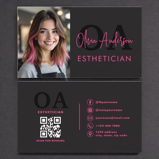 Cartão De Visita Foto Estheticista Código QR preto rosa-quente (Criador carregado)