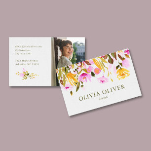 Cartão De Visita Foto Floral em Aquarela Rosa Personalizada com Est