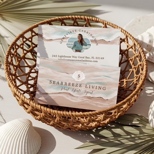 Cartão De Visita Foto Imobiliária das Propriedades do Mar de Costal (Watercolor Costal Beach Shoreline Real Estate Business Card)