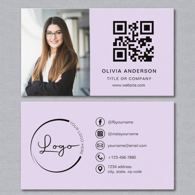 Cartão De Visita Foto Lilac Roxo Código QR Branco Código Social Míd (Criador carregado)