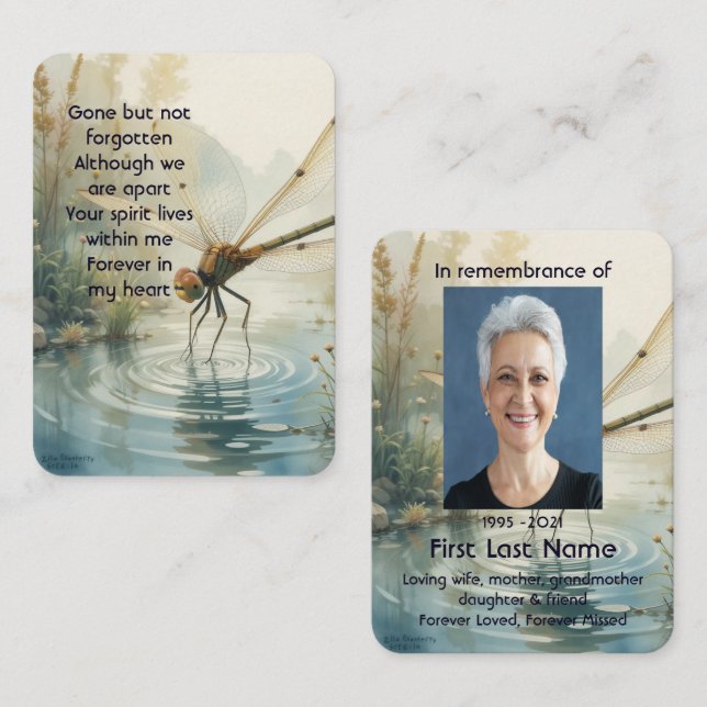 Cartão De Visita Foto Memorial Prayer Dragonfly Peaceful Lake (Frente/Verso)