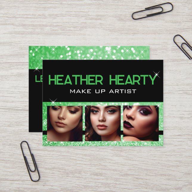 Cartão De Visita Foto: Modelo Luxury Green Glitter Stars (Frente/Verso In Situ)