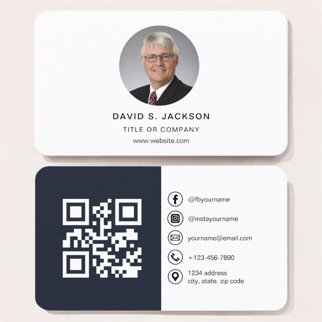 Cartão De Visita Foto moderna azul marinho com código QR Mídia soci (Criador carregado)