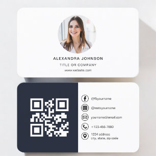 Cartão De Visita Foto moderna azul marinho com código QR Mídia soci