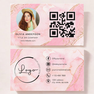Cartão De Visita Foto moderna do código QR Glitter Rosa Dourado Ele
