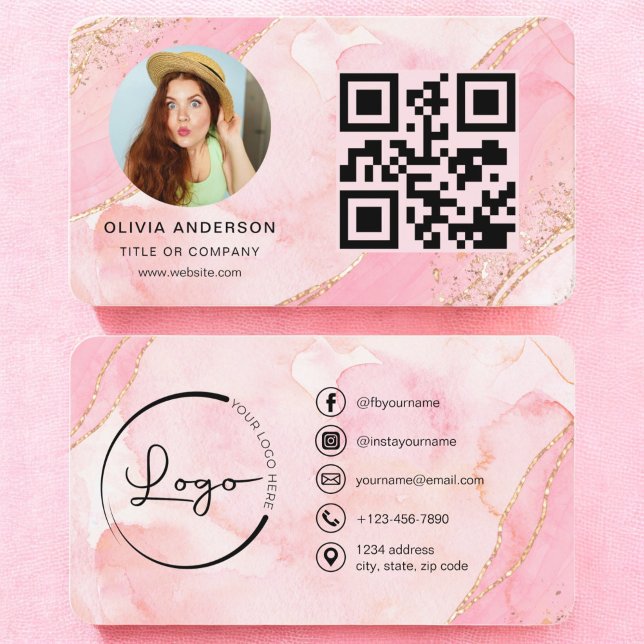 Cartão De Visita Foto moderna do código QR Glitter Rosa Dourado Ele (Criador carregado)