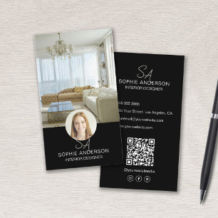Cartão De Visita Foto Monograma QR Preto Designer de Interiores