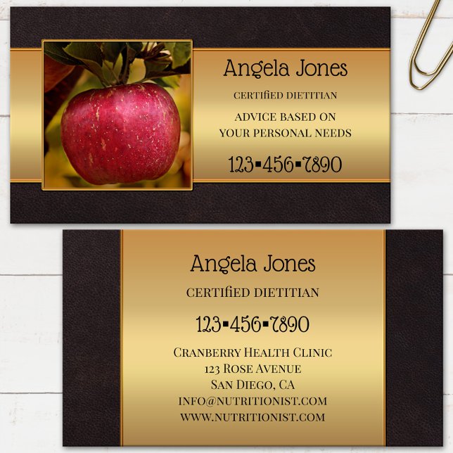 Cartão De Visita Foto nutricionista profissional (Business card showing your photo framed by a dark brown leather and gold printed design - dietitian)