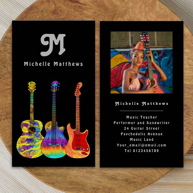 Cartão De Visita Foto personalizada de professor de guitarra modern (Retro Modern guitar music teacher musician photo Business card colorful acoustic electric guitars)