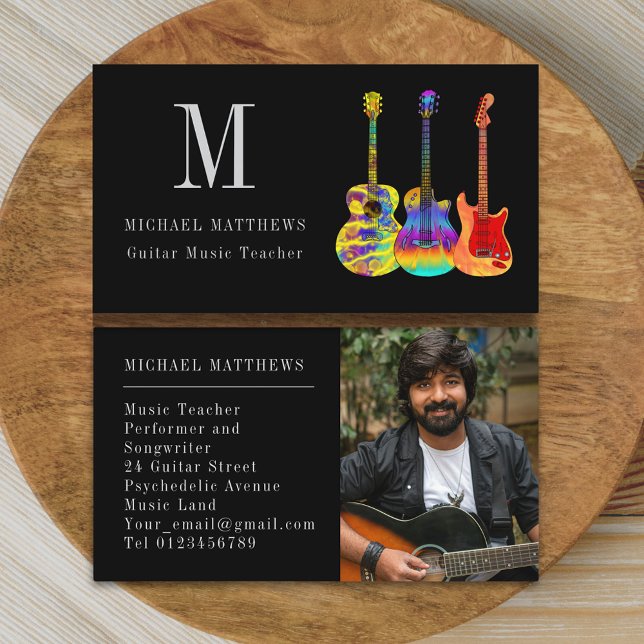 Cartão De Visita Foto personalizada de professor de música guitarra (Modern guitar music teacher custom photo business card)