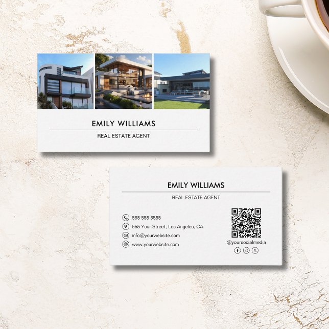 Cartão De Visita Foto personalizada de propriedades QR de mídia soc (Custom Real Estate Photo QR Social Media White Business Card)