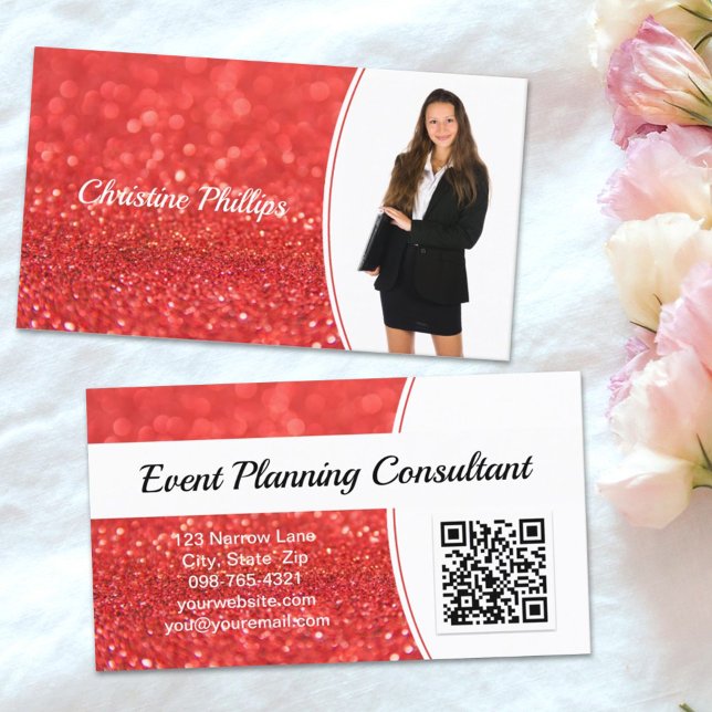 Cartão De Visita Foto personalizada do Glitter Coral Profissional Q (This business card design features QR code and custom photo on a faux orange background. )