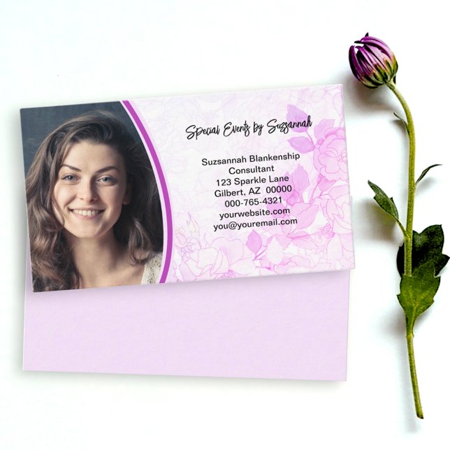 Cartão De Visita Foto Personalizada em Fundo Floral Rosa Profission (floral front and pink back custom photo business card design)