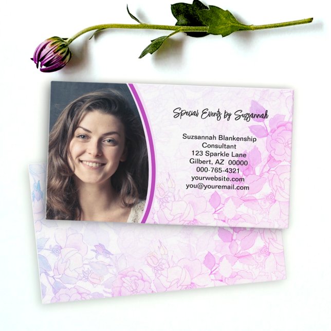 Cartão De Visita Foto Personalizada em Fundo Floral Rosa Profission (front and back pastel floral background business card)