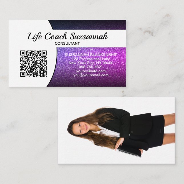 Cartão De Visita Foto personalizada Glitter de Ombre Roxo QR Profes (Frente/Verso)