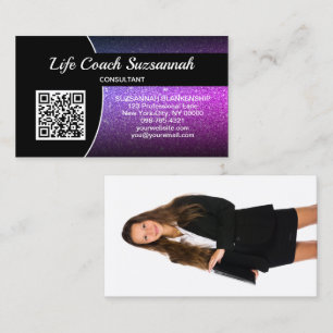 Cartão De Visita Foto personalizada Glitter de Ombre Roxo QR Profes