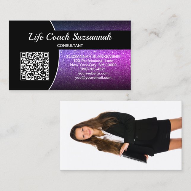Cartão De Visita Foto personalizada Glitter de Ombre Roxo QR Profes (Frente/Verso)