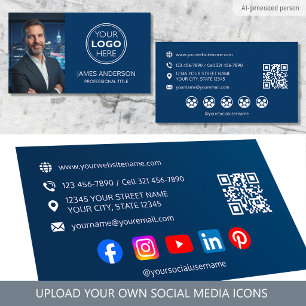 Cartão De Visita Foto Personalizada Mídia Social Moderno Azul Marin