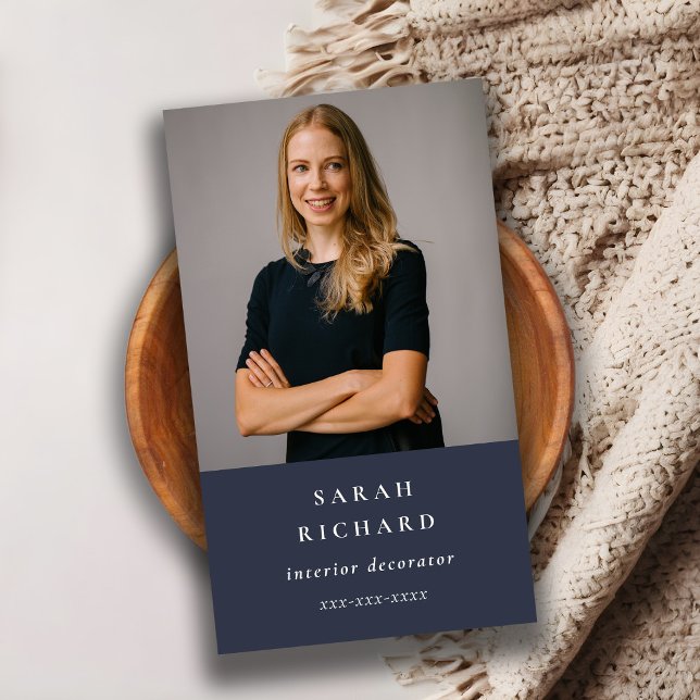 Cartão De Visita Foto personalizada profissional azul-Marinho mínim (Criador carregado)