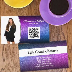 Cartão De Visita Foto personalizada QR de folheto Roxo profissional