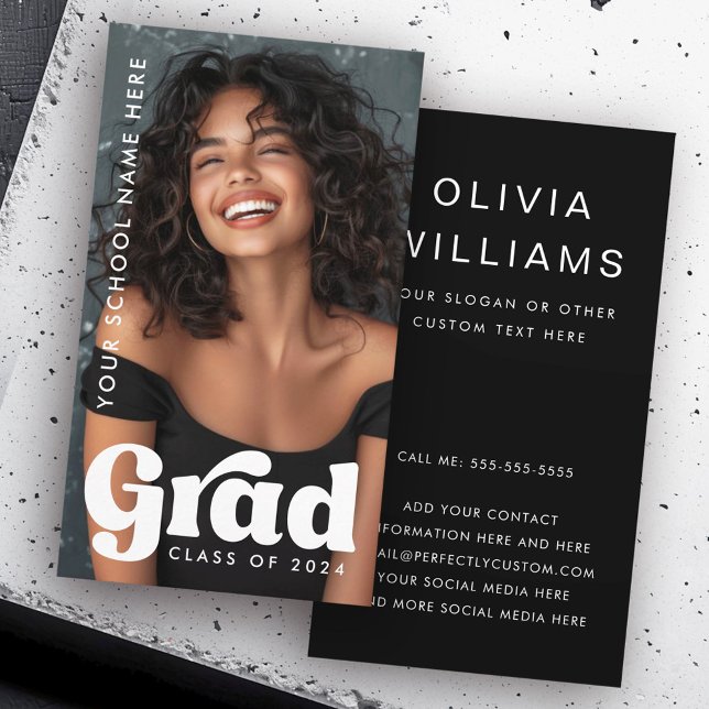 Cartão De Visita Foto preta da camada de formando retrorativa da gr (Retro grad overlay student graduation black photo business card)