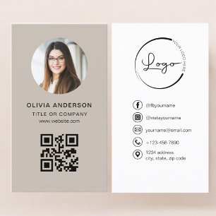 Cartão De Visita Foto Profissional Código QR Bege Mídia Social