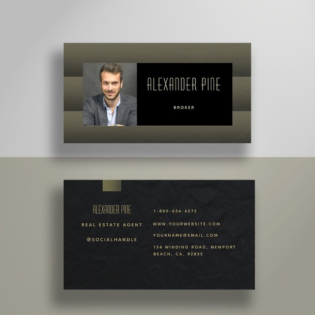Cartão De Visita Foto profissional Dourada clássica, simples e pret (real estate business card elegant professional modern simple classy photo black gold pattern)