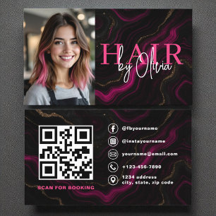 Cartão De Visita Foto: QR Code Hair Stylist Preto Rosa Agate