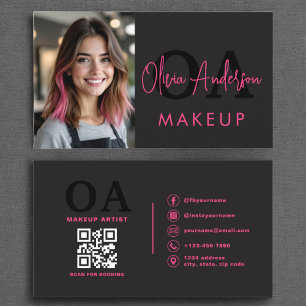 Cartão De Visita Foto: QR Code Makeup Artist Rosa Quente Preto