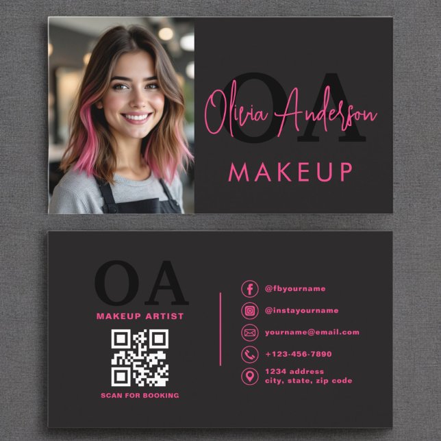 Cartão De Visita Foto: QR Code Makeup Artist Rosa Quente Preto (Criador carregado)