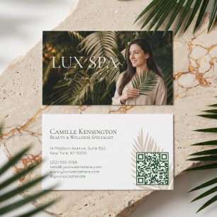 Cartão De Visita Foto QR de Luxo de Folha de Palme Tropical de Spa
