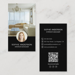 Cartão De Visita Foto QR Mídia Social Designer de Interiores Preto