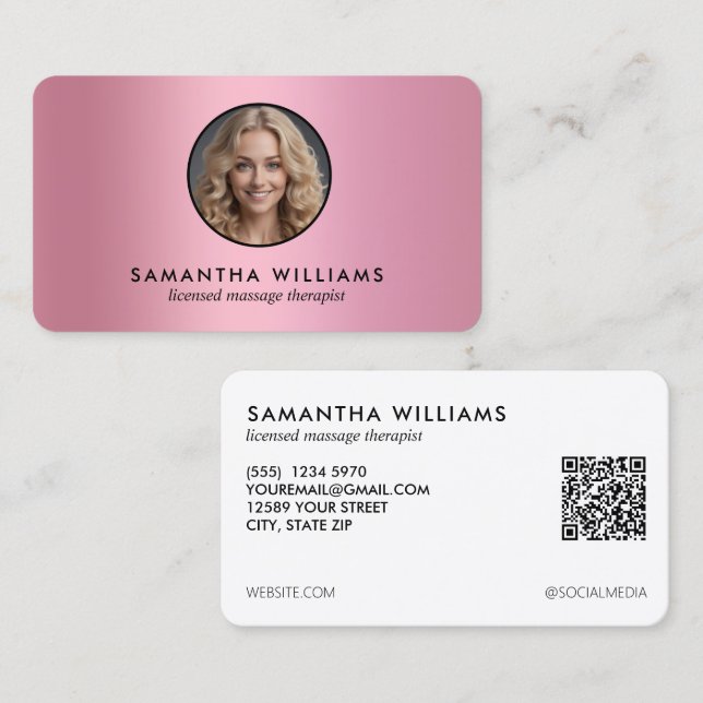 Cartão De Visita Foto QR personalizada do terapeuta de massagem LMT (Frente/Verso)