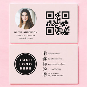 Cartão De Visita Foto Rosa Bege com Código QR para Mídia Social