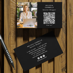 Cartão De Visita Foto Simples, Código QR e Redes Sociais Preto e Br