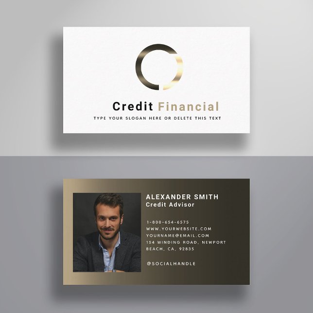 Cartão De Visita Foto simples do profissional Dourado de crédito pr (finance business card financial services wealth management credit advisor modern simple classy  gold)