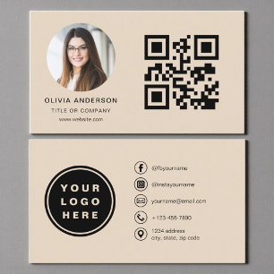 Cartão De Visita Foto Taupe com Código QR Mídia Social