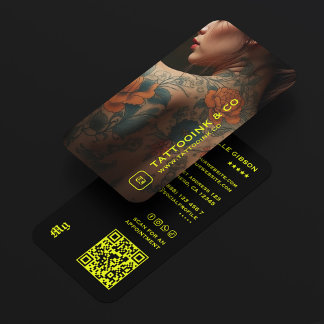 Cartão De Visita Foto Vertical de Artista de Tatuagem Neon Preto
